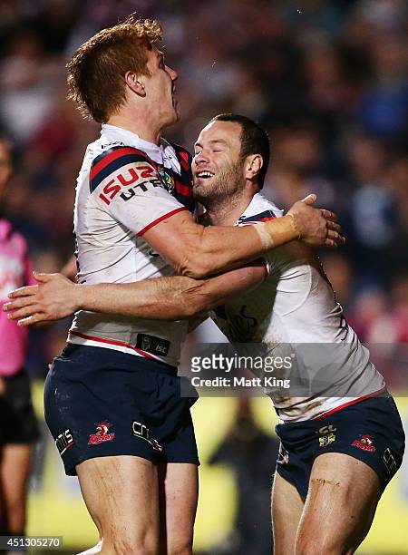 Boyd Cordner of the Roosters celebrates with Dylan Napa after scoring a try during the round 16 NRL match between the Manly Warringah Sea Eagles and...