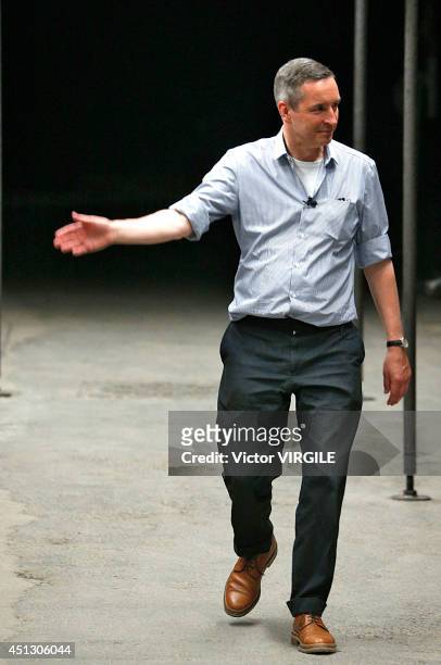 Dries Van Noten walks the runway during the Dries Van Noten show as part of Paris Fashion Week Menswear Spring/Summer 2015 on June 26, 2014 in Paris,...