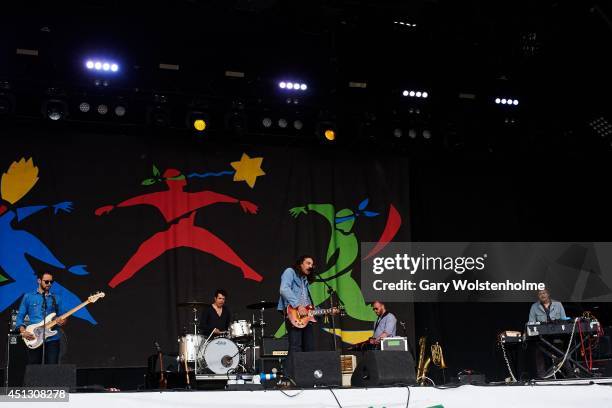 Dave Hartley, Charlie Hall and Adam Granduciel of The War On Drugs performs on Day 1 of the Glastonbury Festival at Worthy Farm on June 27, 2014 in...