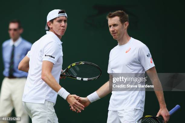 John-Patrick Smith of Australia and Jonathan Marray of Great Britain during their Gentlemen's Doubles second round match against Juan-Sebastian Cabal...