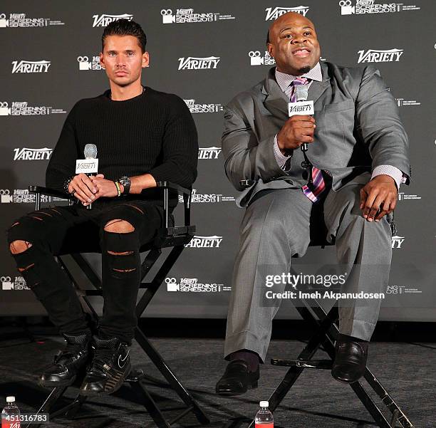 Director/producer Vlad Yudin and professional bodybuilder Kai Greene speak during a Q&A at the 2013 Variety Screening Series presentation of Vladar...