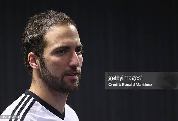 Gonzalo Higuain of Argentina during a press conference at Cidade do Galo on June 27, 2014 in Vespasiano, Brazil.