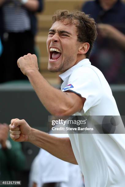 Jerzy Janowicz of Poland celebrates defeating Lleyton Hewitt of Australia in their Gentlemen's Singles second round match on day five of the...