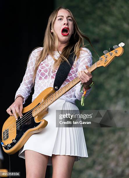 Este Haim of 'Haim' performs on The Other Stage during Day 1 of the Glastonbury Festival at Worthy Farm on June 27, 2014 in Glastonbury, England.