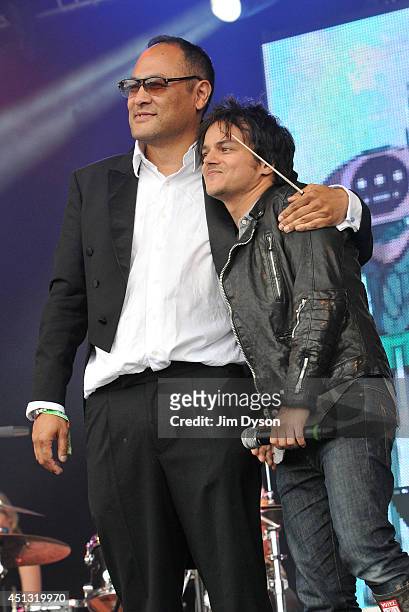Jamie Cullum performs with Dan the Automator of Deltron 3030 on the West Holts stage during Day One of the Glastonbury Festival at Worthy Farm in...