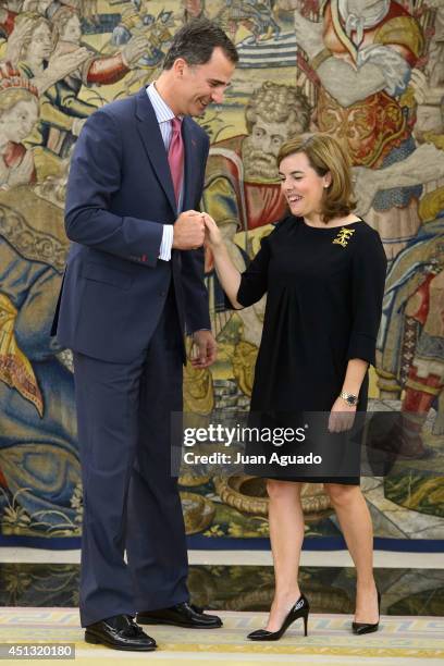 King Felipe VI of Spain meets Vicepresident of Spanish Government Soraya Saenz de Santamaria at Zarzuela Palace on June 27, 2014 in Madrid, Spain.