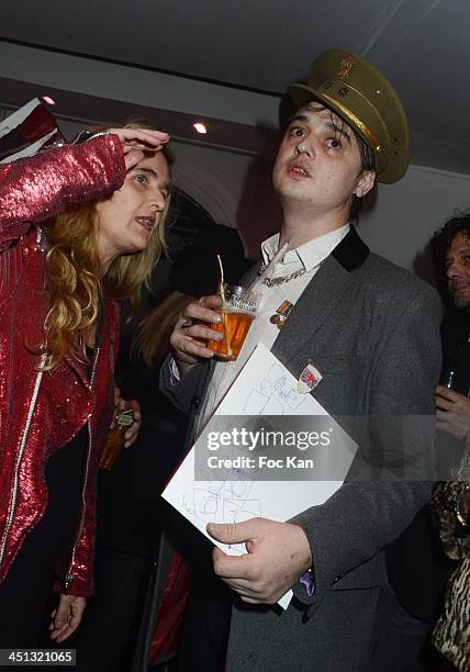 Geraldine Beigbeder and Pete Doherty attend the 'Flags From The Old Regime' : Pete Doherty and Alize Meurisse Paintings Exhibition Preview At Espace...