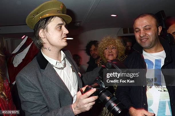 Pete Doherty and guests attend the 'Flags From The Old Regime' : Pete Doherty and Alize Meurisse Paintings Exhibition Preview At Espace Djam on...