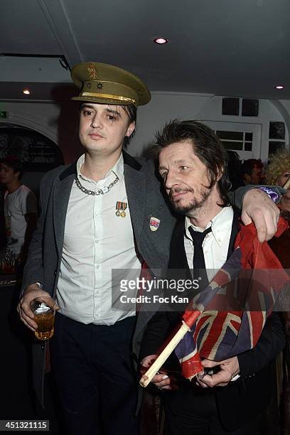 Pete Doherty and Patrick Eudeline attend the 'Flags From The Old Regime' : Pete Doherty and Alize Meurisse Paintings Exhibition Preview At Espace...