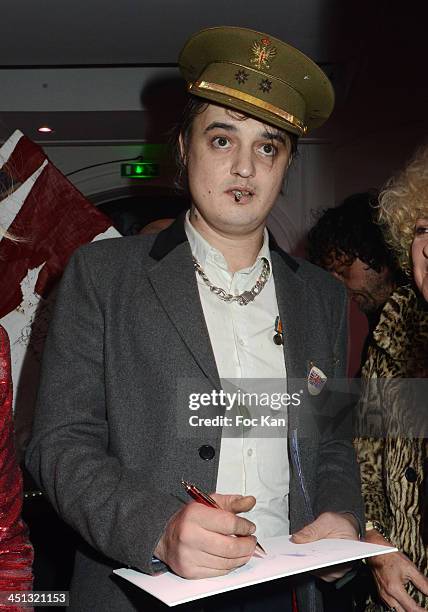 Pete Doherty attends the 'Flags From The Old Regime' : Pete Doherty and Alize Meurisse Paintings Exhibition Preview At Espace Djam on November 21,...