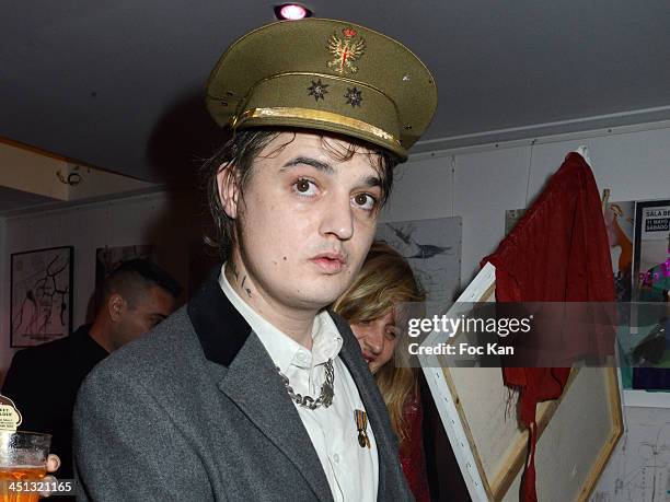 Pete Doherty attends the 'Flags From The Old Regime' : Pete Doherty and Alize Meurisse Paintings Exhibition Preview At Espace Djam on November 21,...