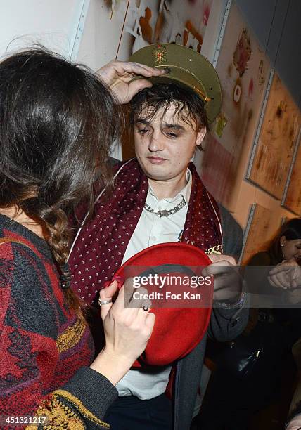 Pete Doherty attends the 'Flags From The Old Regime' : Pete Doherty and Alize Meurisse Paintings Exhibition Preview At Espace Djam on November 21,...