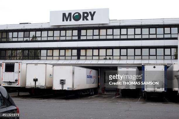 Picture taken on November 22, 2013 shows a partial view of the French transport group Mory Ducros' plant in Gonesse, near Paris. The direction of the...