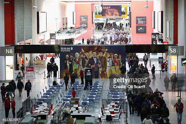 Fans queue to enter the 'Doctor Who 50th Celebration' event in the ExCeL centre on November 22, 2013 in London, England. The sold-out three day event...