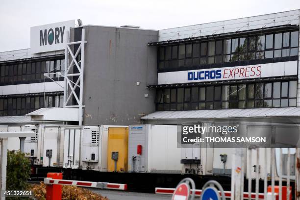 Picture taken on November 22, 2013 shows a partial view of the French transport group Mory Ducros' plant in Gonesse, near Paris. The direction of the...