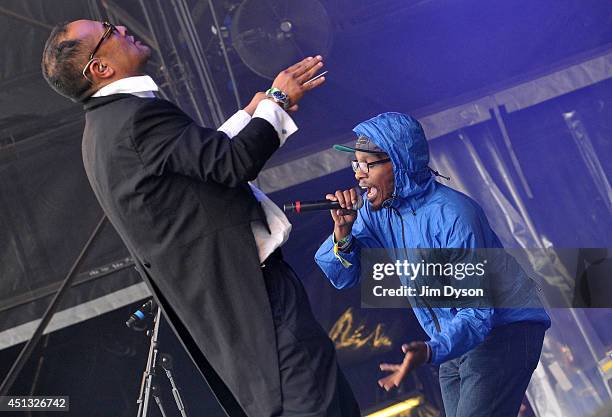 Dan the Automator and Del the Funky Homosapien of Deltron 3030 perform on the West Holts stage during Day One of the Glastonbury Festival at Worthy...