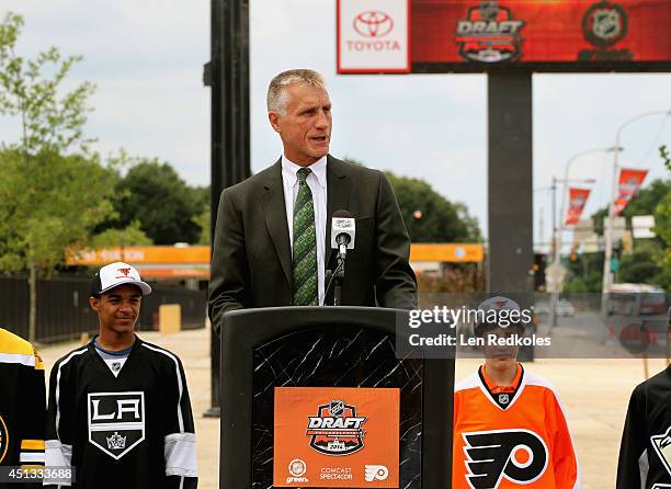 Philadelphia Flyers president Paul Holmgren speaks at the NHL Green Legacy Tree Planting press conference as part of the 2014 NHL Entry Draft at...