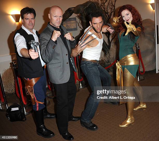 Cosplayers Brian Sikoff as Han Solo, actor Michael Rooker, Lon Brown as Wolverine, Ashlynne Rae as Phoenix attend the After Party for the 40th Annual...