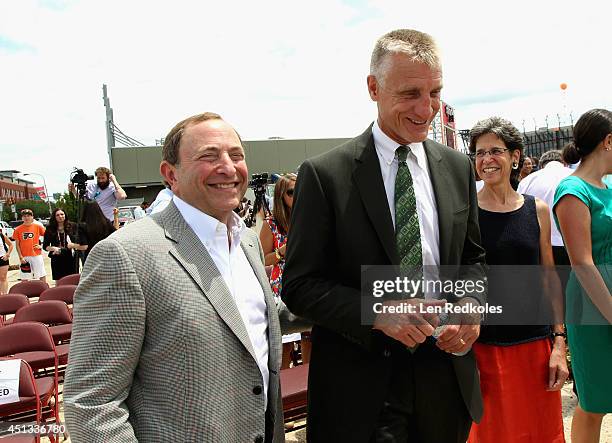 Commissioner Gary Bettman and Philadelphia Flyers president Paul Holmgren attend the NHL Green Legacy Tree Planting press conference as part of the...