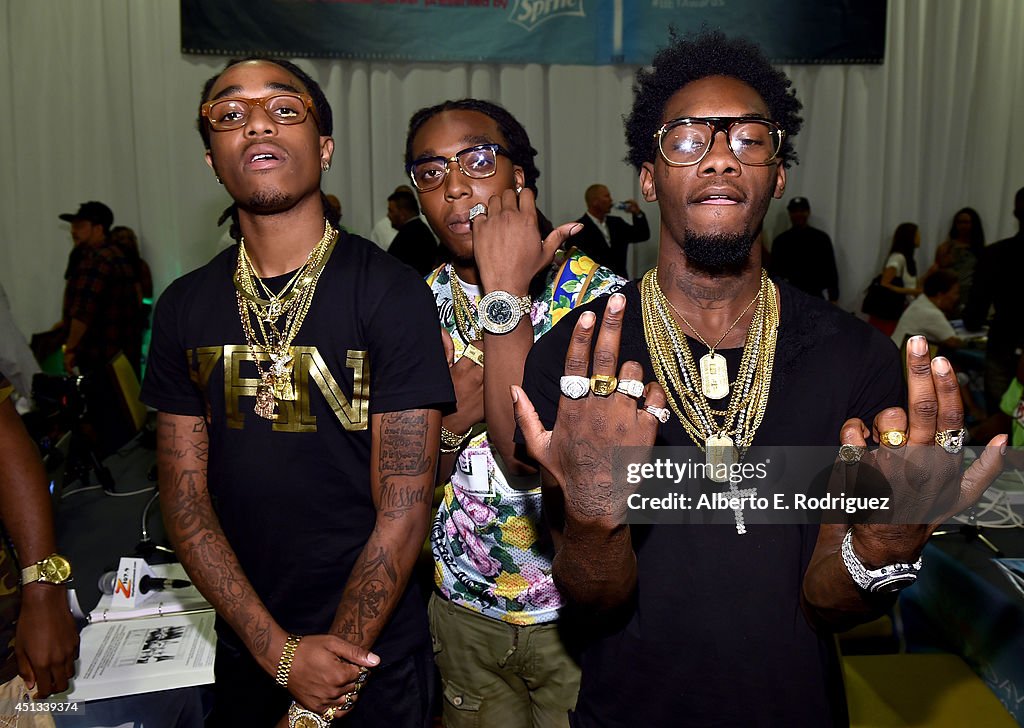 Broadcast Rappers Rappers Quavo, Takeoff and Offset of Migos attend day 1 of the Radio ...