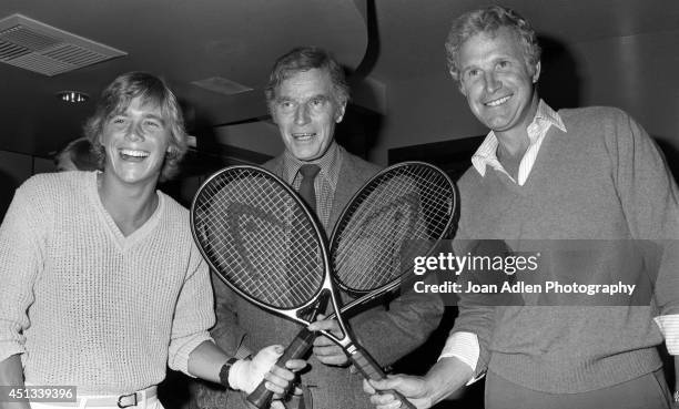 Actors Christopher Atkins, Charlton Heston and Wayne Rogers at a party honoring Heston as the host of a tennis tournament benefiting the American...