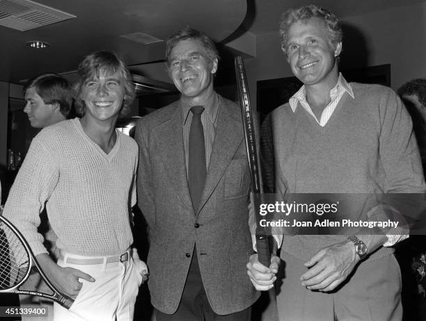 Actors Christopher Atkins, Charlton Heston and Wayne Rogers at a party honoring Heston as the host of a tennis tournament benefiting the American...