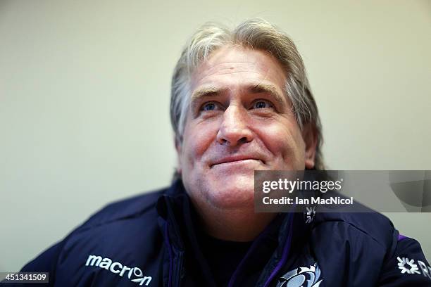 Scotland Rugby Union head Coach Scott Johnson talks at a press conference prior to their Test Match against Australia at Murrayfield stadium on...