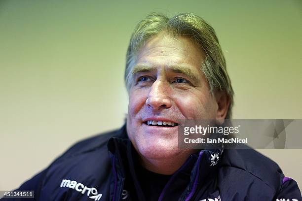 Scotland Rugby Union head Coach Scott Johnson talks at a press conference prior to their Test Match against Australia at Murrayfield stadium on...