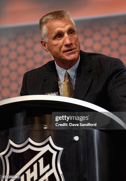 President of the Philadelphia Flyer Paul Holmgren speaks at the podium during the 2014 NHL Entry Draft at Wells Fargo Center on June 27, 2014 in...