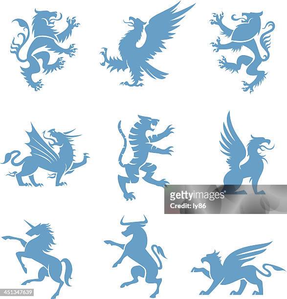 heraldry animals - medieval vector knights dragons stock illustrations