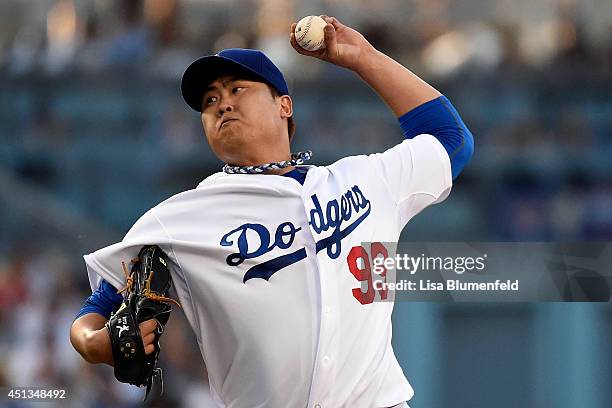 Hyun-Jin Ryu of the Los Angeles Dodgers pitches in the first inning against the St Louis Cardinals at Dodger Stadium on June 27, 2014 in Los Angeles,...