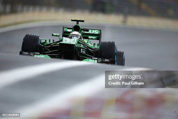 Giedo van der Garde of The Netherlands and Caterham drives during practice for the Brazilian Formula One Grand Prix at Autodromo Jose Carlos Pace on...