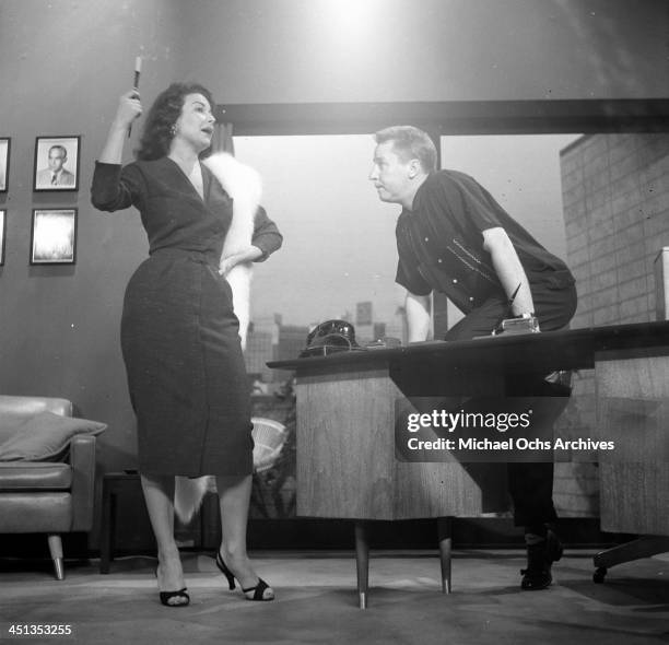 Actor George Gobel on set of the"George Gobel Show" with Mara Corday in Los Angeles, California.