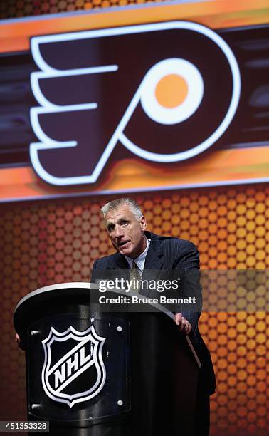 Paul Holmgren, President of the Philadelphia Flyers, speaks during the first round of the 2014 NHL Draft at the Wells Fargo Center on June 27, 2014...