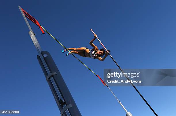 Jenn Suhr vaults to victory in the Women's Pole Vault on day 3 of the USATF Outdoor Championships at Hornet Stadium on June 27, 2014 in Sacramento,...