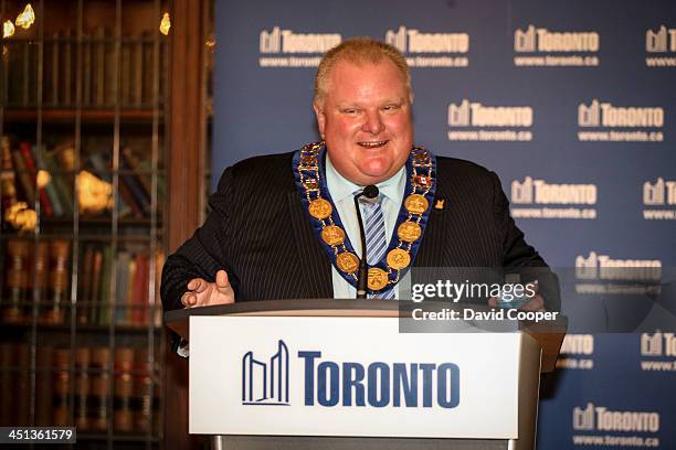 Mayor Rob Ford make a jokeat his own expense about saving money on salaries the last few days as he speaks at a City of Toronto real estate/economic...