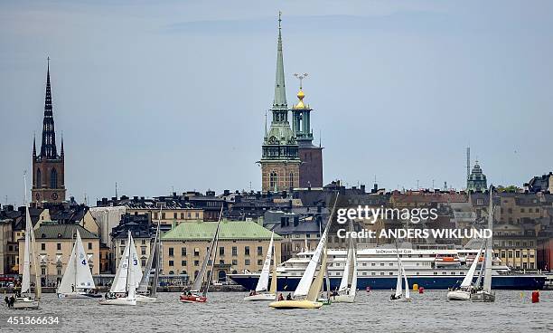 Sailing boats are seen in Stockholm harbour on June 28 in preparation for the annual AF Offshore Race tomorrow. Some 300 boats are expected at the...