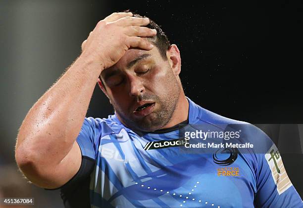 Kieran Longbottom of the Force looks dejected after defeat in the round 17 Super Rugby match between the Force and the Blues at nib Stadium on June...