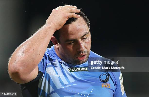 Kieran Longbottom of the Force looks dejected after defeat in the round 17 Super Rugby match between the Force and the Blues at nib Stadium on June...