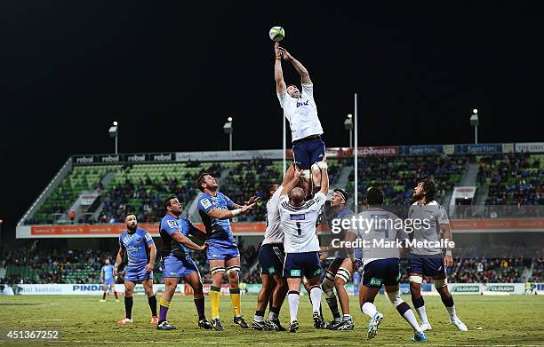 Tom Donnelly of the Blues takes a lineout during the round 17 Super Rugby match between the Force and the Blues at nib Stadium on June 28, 2014 in...