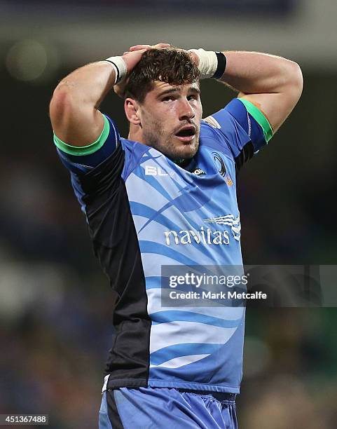 Nathan Charles of the Force looks dejecetd after conceding a try during the round 17 Super Rugby match between the Force and the Blues at nib Stadium...