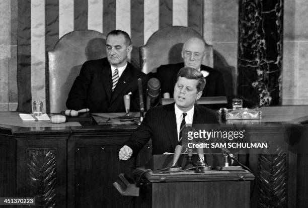 President John Fitzgerald Kennedy delivers his State of the Union message addressed to US Congress at the House of Representatives in Washington,...