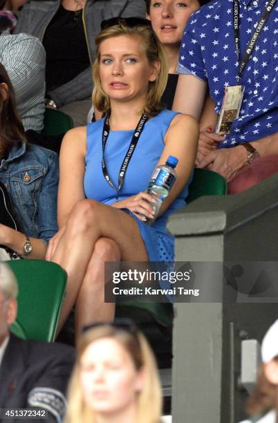 Rachel Riley attends the Mikhail Kuskushkin v Rafael Nadal match on centre court during day six of the Wimbledon Championships at Wimbledon on June...