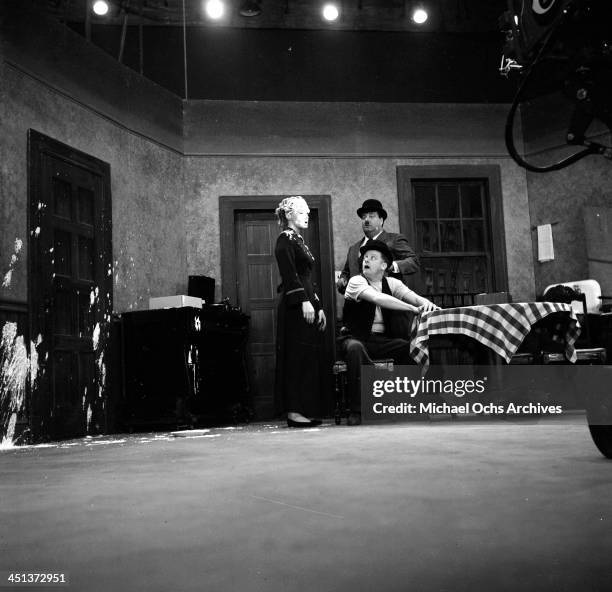 Actress Audrey Meadows, actors Art Carney and and Jackie Gleason on stage during the taping of the "The Jackie Gleason Show" in Los Angeles,...