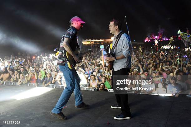 Jake Cinninger and Brendan Bayliss of Umphrey's McGee perform during Day 2 of the 2014 Electric Forest Festival on June 27, 2014 in Rothbury,...