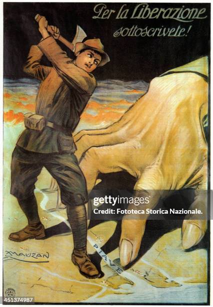 Alpino equipped with an axe, trying to strike the enemy represented as a gigantic and greedy hand, positioned on the Piave River. Poster by Achille...