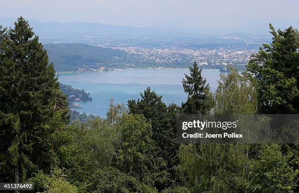 General view of the Worthersee lake with the town of Klagenfurt in the Carinthia region ahead of the 2014 Ironman Austria on June 28, 2014 in...
