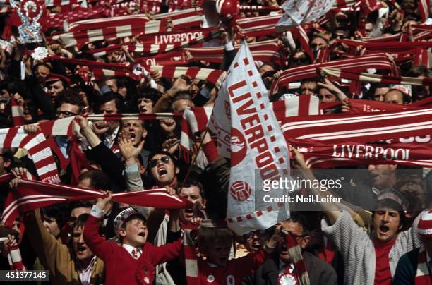 Liverpool FC fans in stands during game vs Arsenal FC at Wembley Stadium. London, England 5/8/1971 CREDIT: Neil Leifer