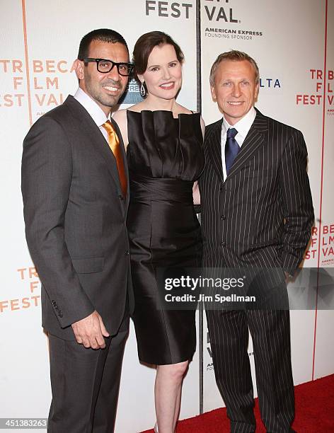 Reza Jarrahy, Actress Geena Davis and Producer Anthony Anderson attend the 8th Annual Tribeca Film Festival Accidents Happen premiere at BMCC Tribeca...