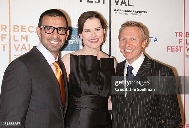 Reza Jarrahy, Actress Geena Davis and Producer Anthony Anderson attend the 8th Annual Tribeca Film Festival Accidents Happen premiere at BMCC Tribeca...